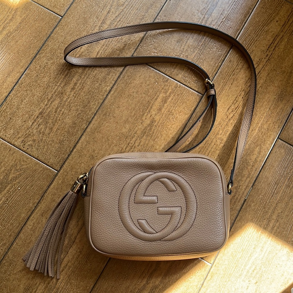 Gucci Taupe Pebbled Leather Crossbody Bag with Tassel